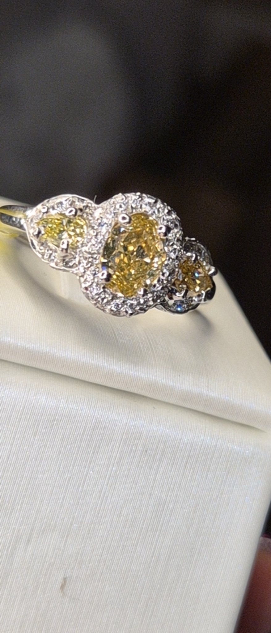 Yellow Diamond Three-Stone Halo Ring