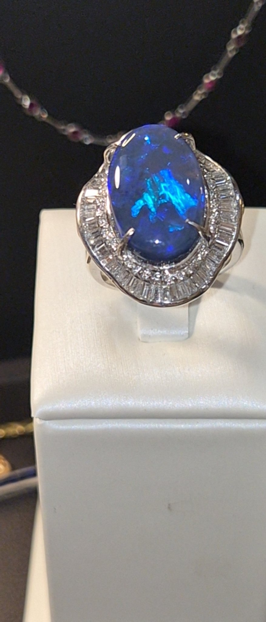 Blue Opal Ring with Baguette Diamond Halo