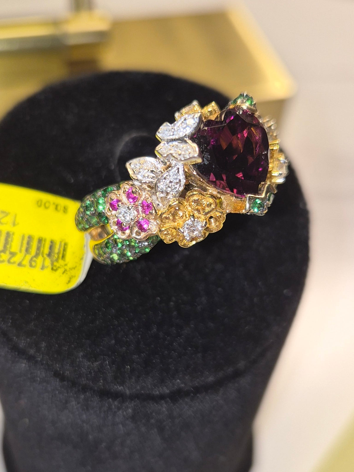 Floral Multi-Gemstone Heart Garnet Ring