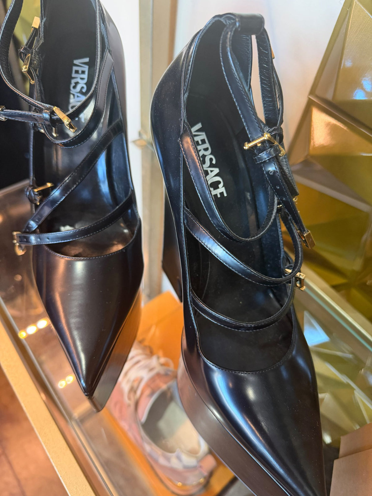 Versace Black Strapped Platform Wedge Heels