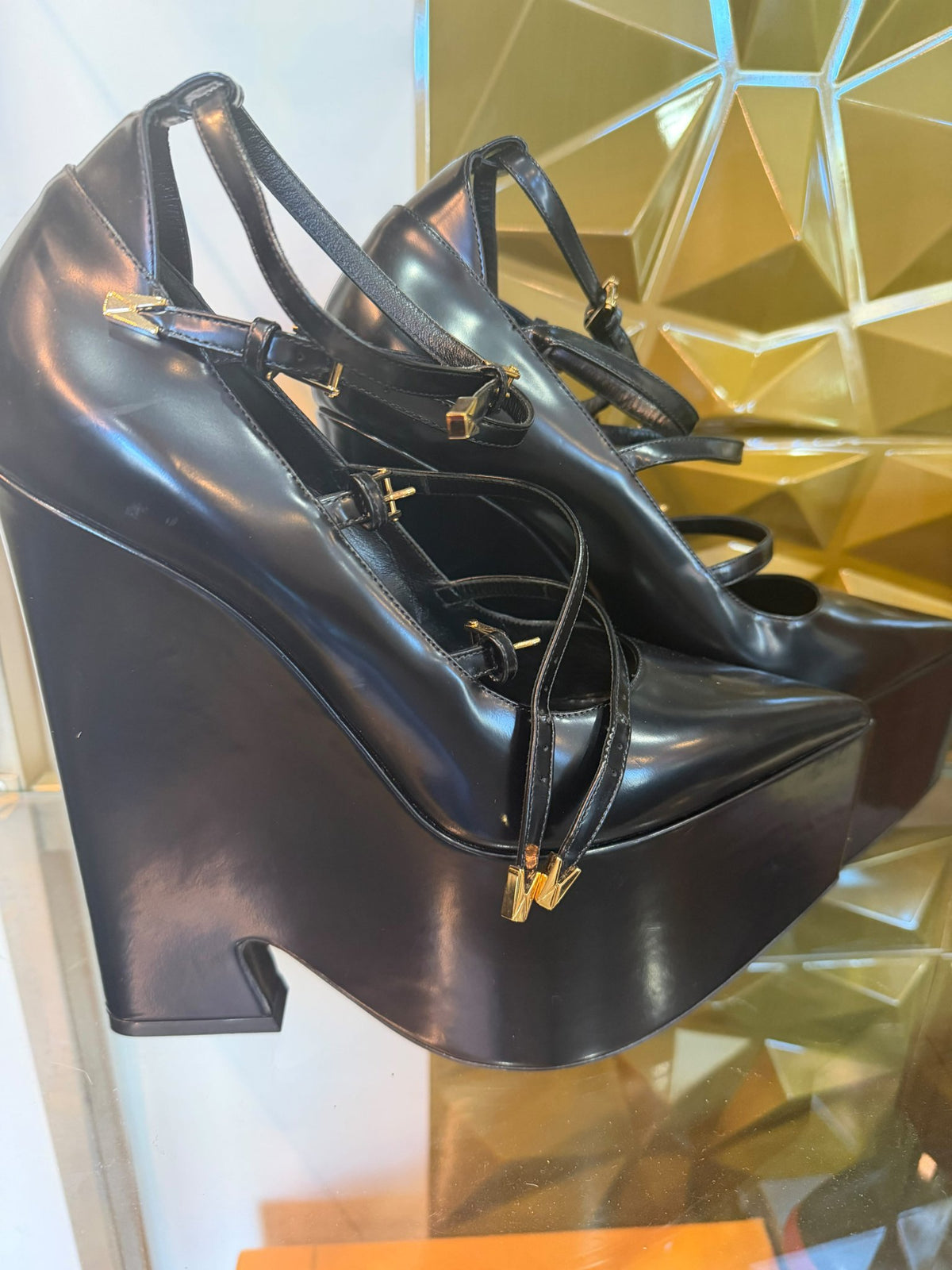 Versace Black Strapped Platform Wedge Heels