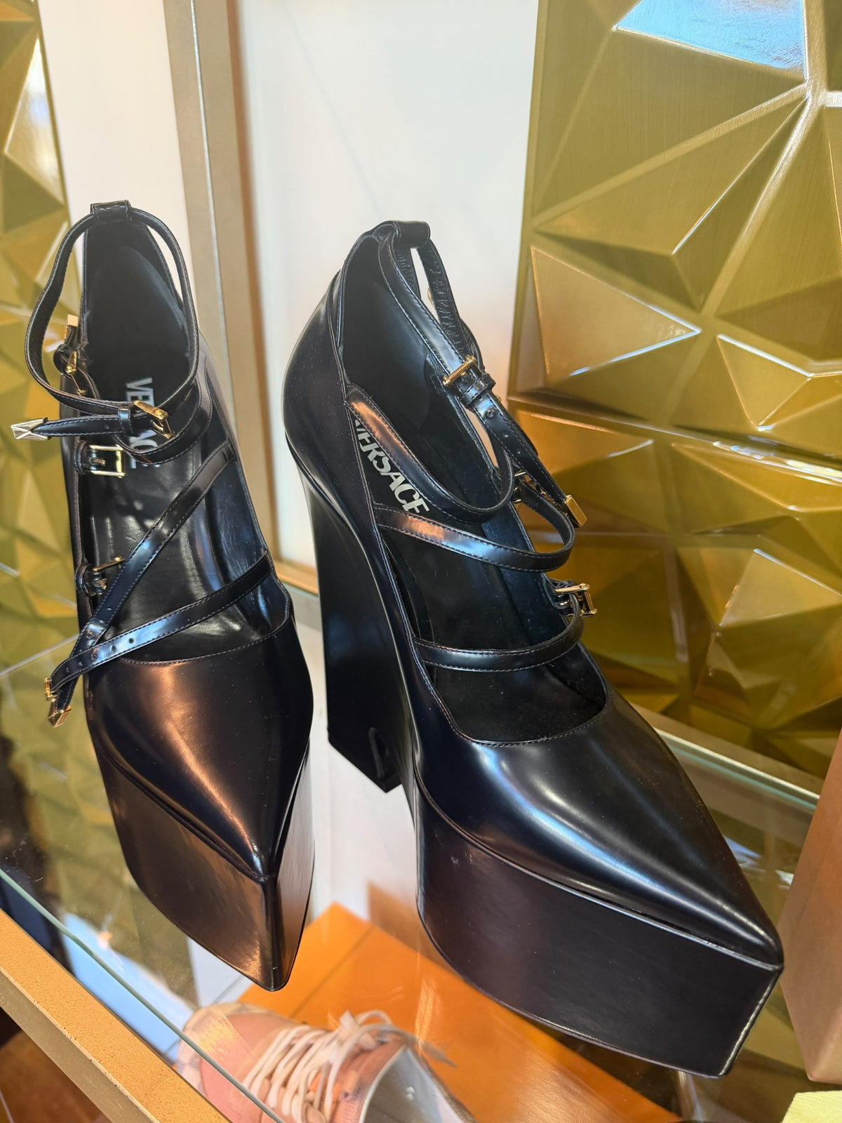 Versace Black Strapped Platform Wedge Heels