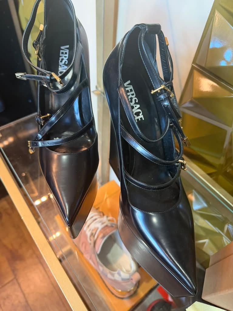 Versace Black Strapped Platform Wedge Heels