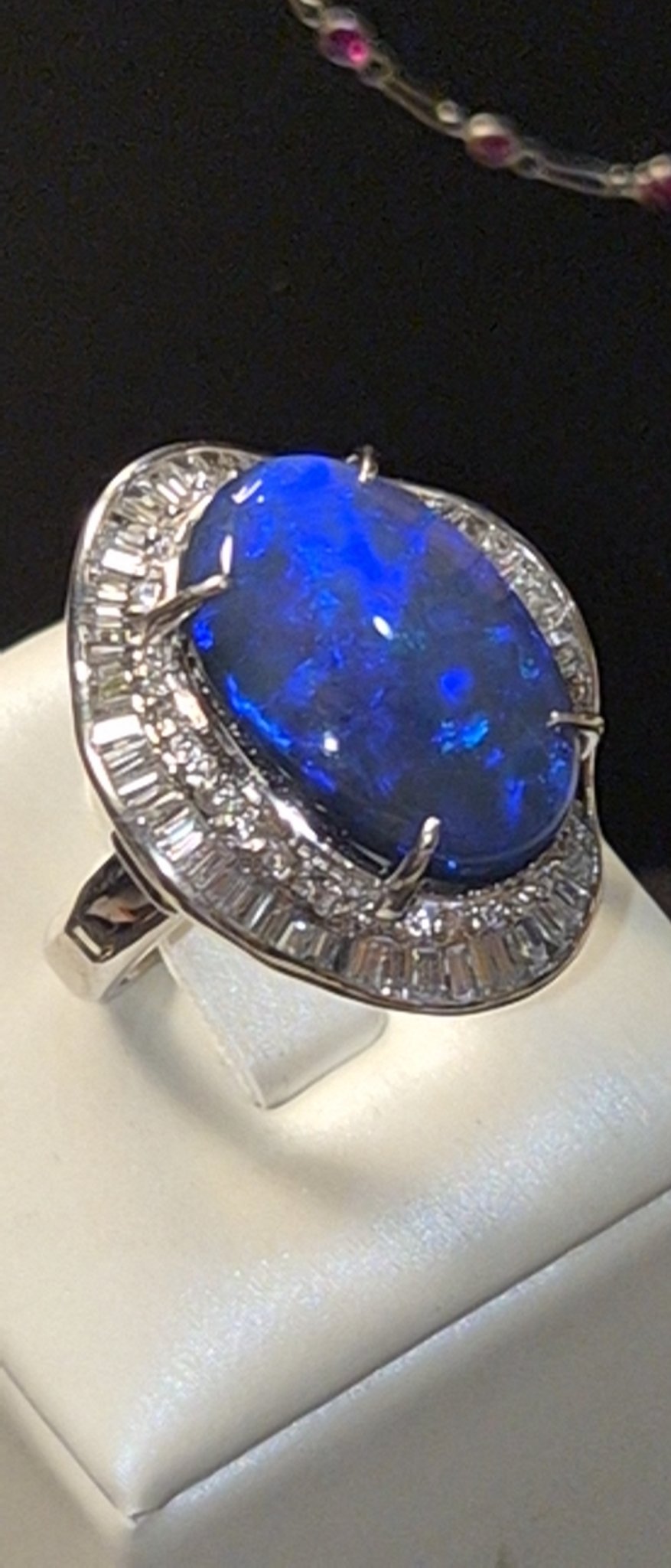 Blue Opal Ring with Baguette Diamond Halo