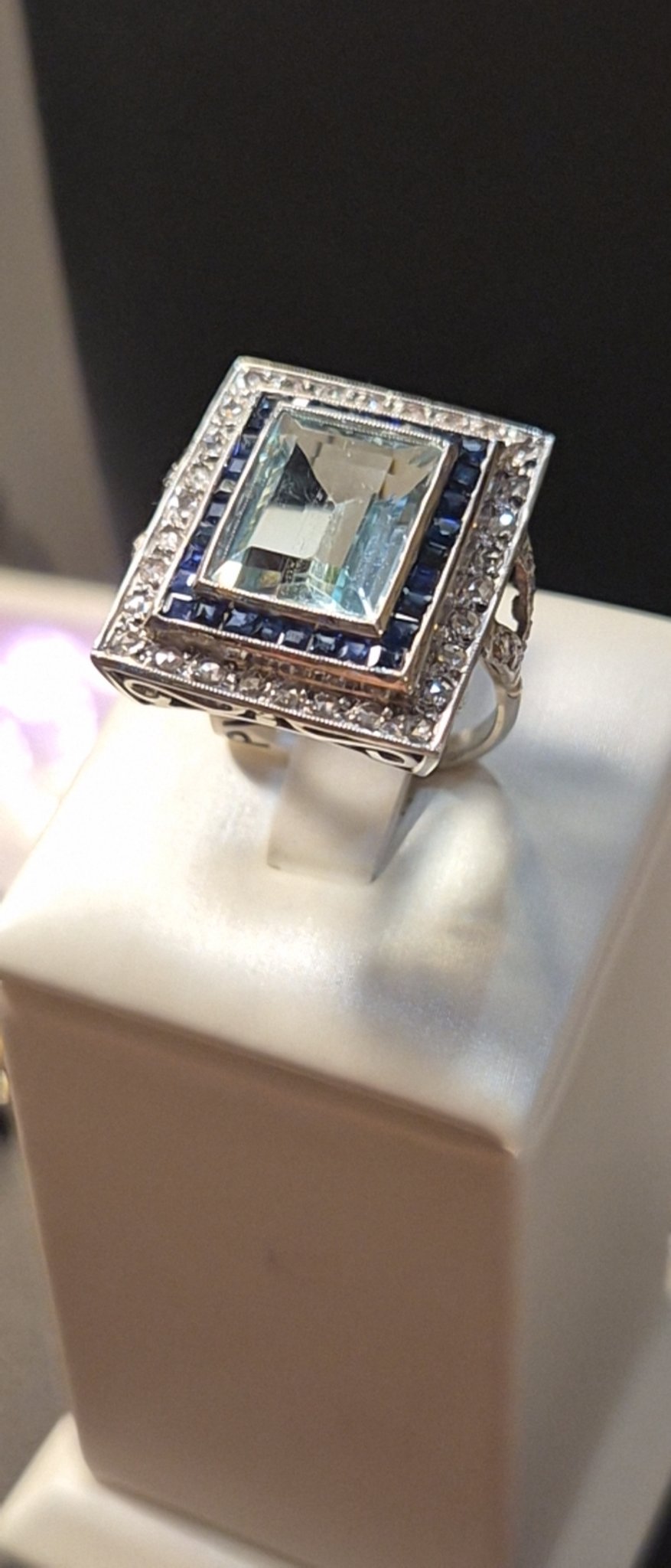 Square Aquamarine Ring with Sapphire and Diamond Double Halo