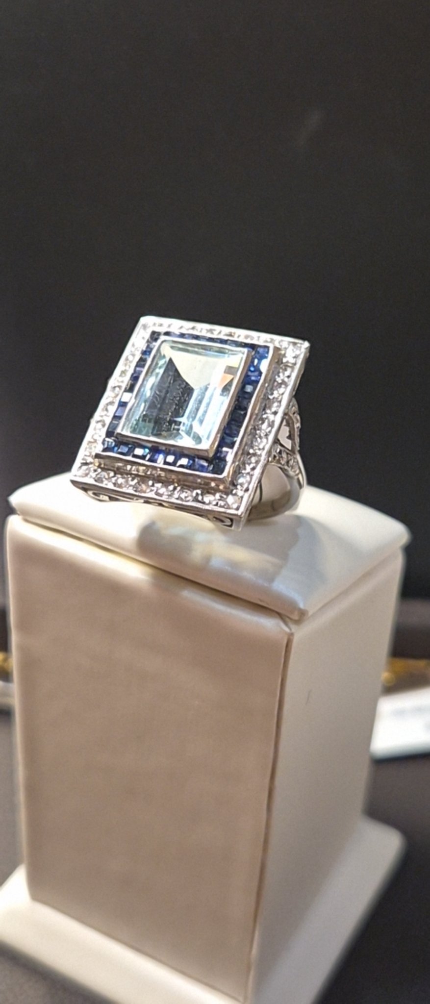 Square Aquamarine Ring with Sapphire and Diamond Double Halo