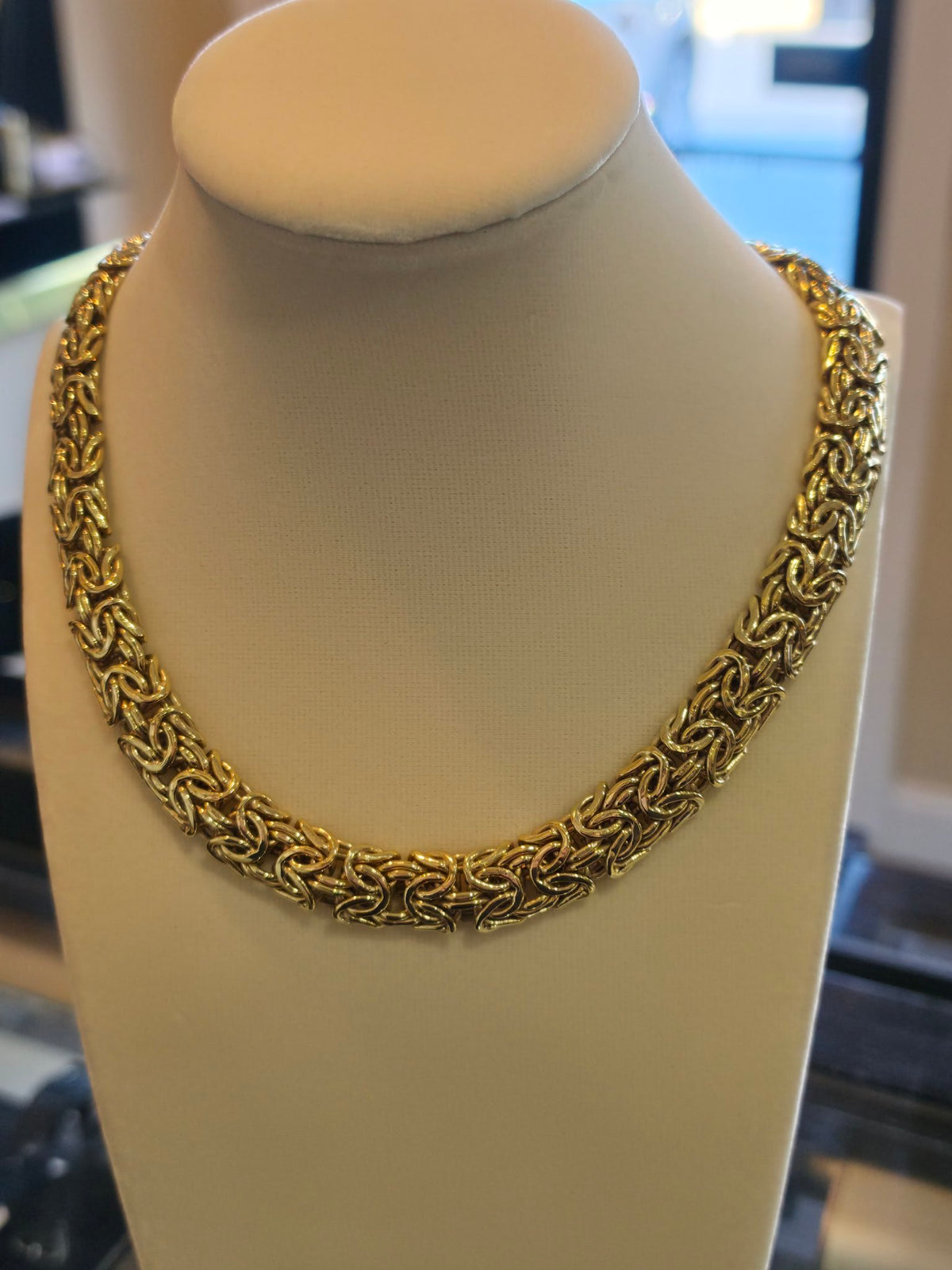 Gold Byzantine Link Necklace with Ruby Cabochon Clasp