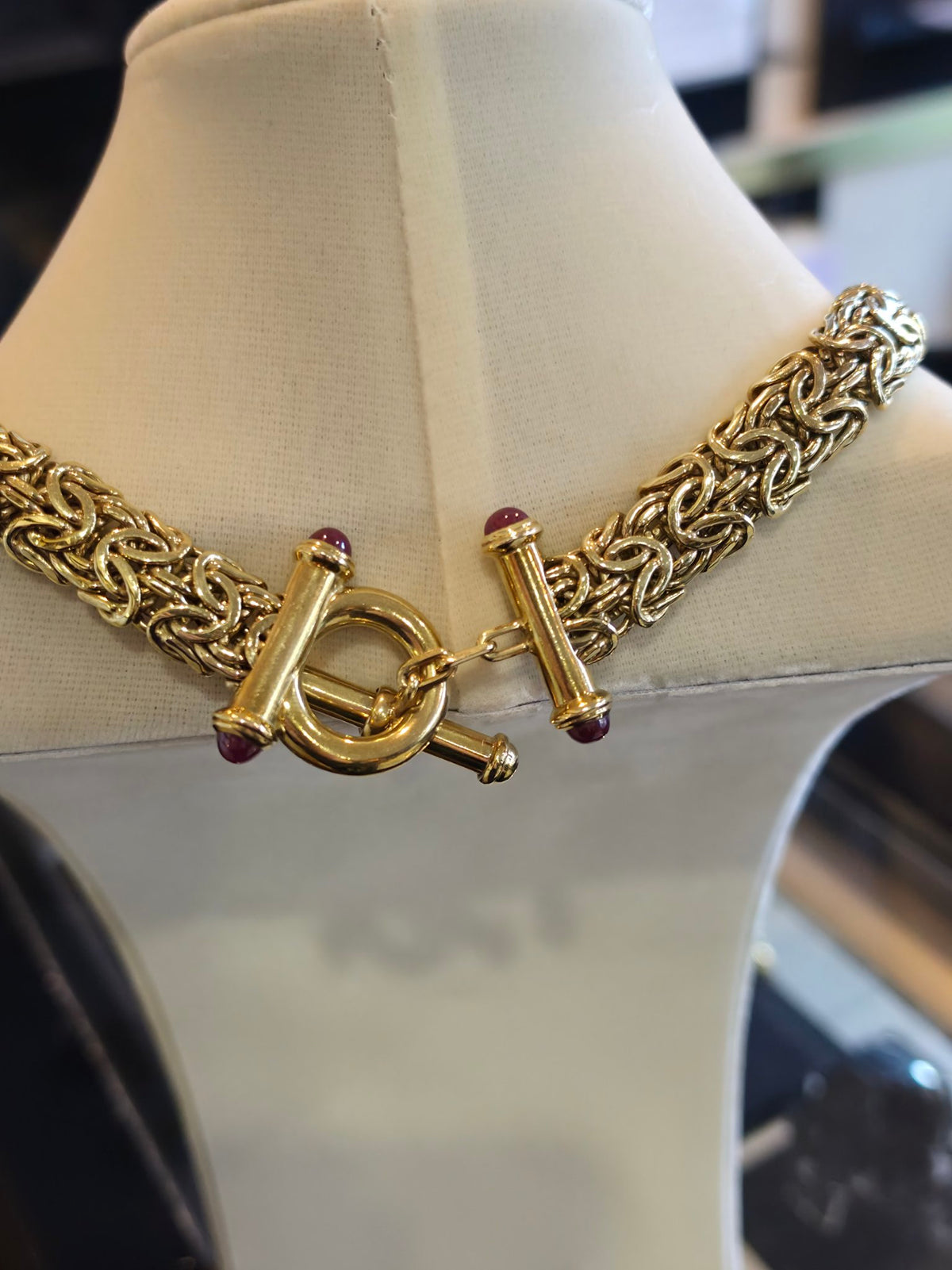 Gold Byzantine Link Necklace with Ruby Cabochon Clasp
