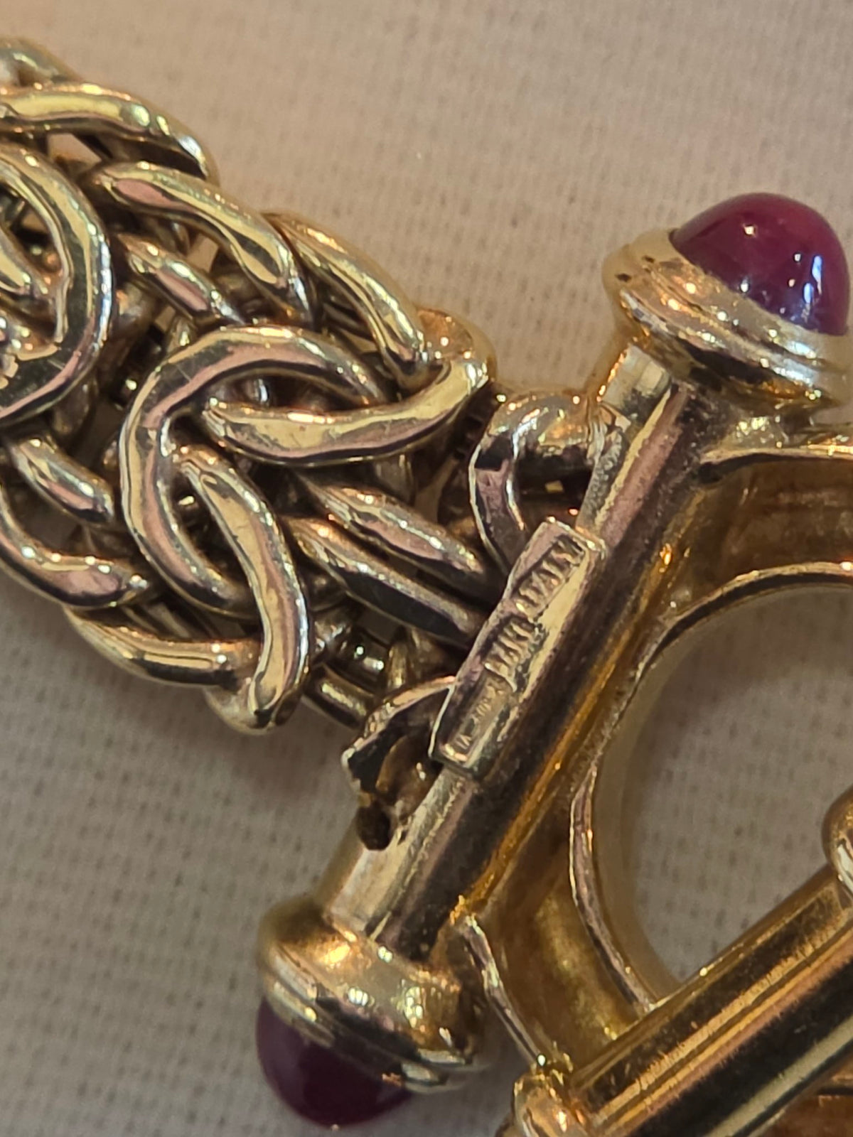 Gold Byzantine Link Necklace with Ruby Cabochon Clasp